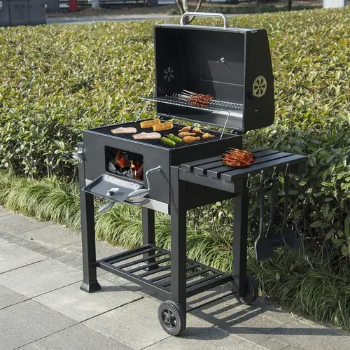 Barbecue Au Charbon De Bois,avec Roues,hauteur Réglable,113x45.5x100cm,noir