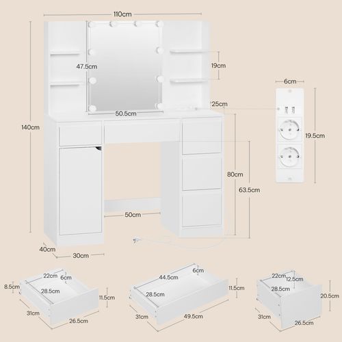 Coiffeuse Avec Miroir Et Multiprise, Luminosité Réglable, Table De Maquillage, 110x40 Cm, Blanc