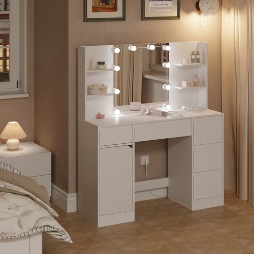 Coiffeuse Avec Miroir Et Multiprise, Luminosité Réglable, Table De Maquillage, 110x40 Cm, Blanc