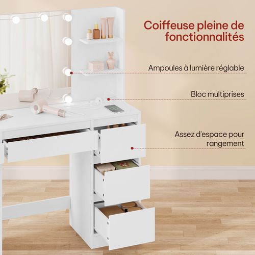 Coiffeuse Avec Miroir Et Multiprise, Luminosité Réglable, Table De Maquillage, 110x40 Cm, Blanc