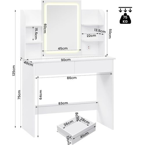 Coiffeuse Avec Miroir LED à Luminosité Réglable,2 USB Ports, Blanc