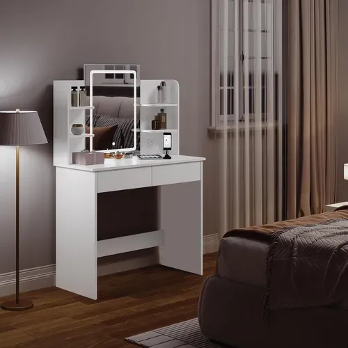 Coiffeuse Avec Miroir LED à Luminosité Réglable,2 USB Ports, Blanc