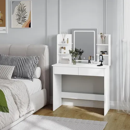 Coiffeuse Avec Miroir LED à Luminosité Réglable,2 USB Ports, Blanc
