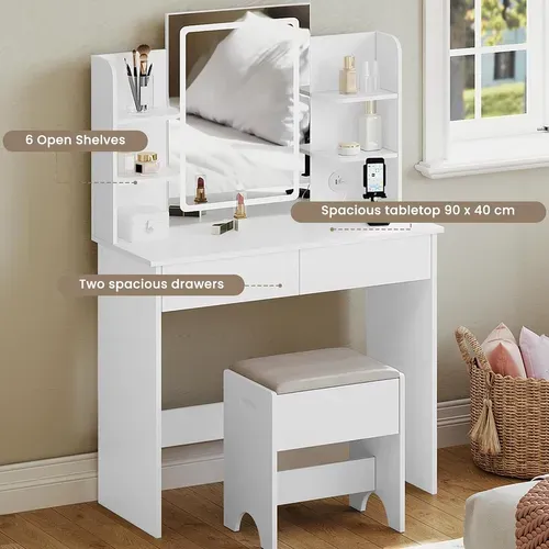 Coiffeuse Avec Miroir LED à Luminosité Réglable,2 USB Ports, Blanc