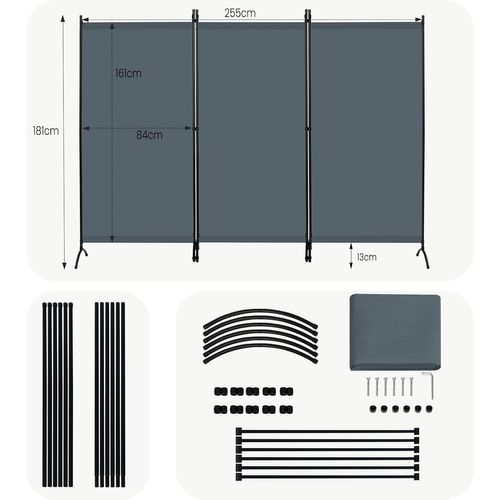 Paravent 255x182cm, Séparation De Pièce, En 3 Parties, Cadre En Métal Et Support, Gris Foncé
