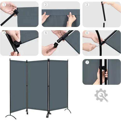 Paravent 255x182cm, Séparation De Pièce, En 3 Parties, Cadre En Métal Et Support, Gris Foncé
