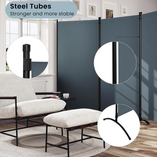 Paravent 255x182cm, Séparation De Pièce, En 3 Parties, Cadre En Métal Et Support, Gris Foncé