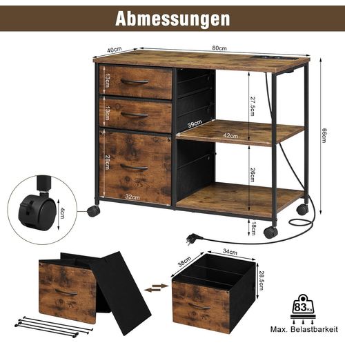 Caisson Bureau à Roulettes,Avec Station De Charge,Imprimante,2 Prises,2 Ports USB,Marron Rustique
