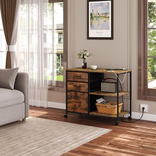 Caisson Bureau à Roulettes,Avec Station De Charge,Imprimante,2 Prises,2 Ports USB,Marron Rustique