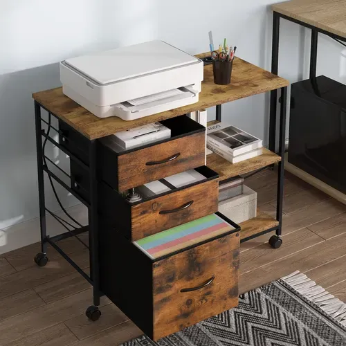 Caisson Bureau à Roulettes,Avec Station De Charge,Imprimante,2 Prises,2 Ports USB,Marron Rustique