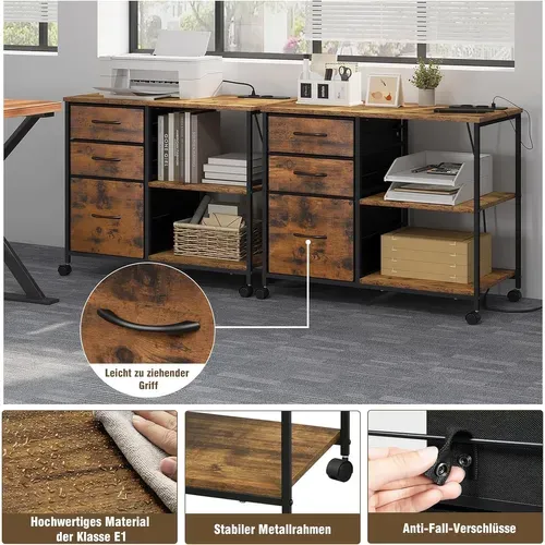 Caisson Bureau à Roulettes,Avec Station De Charge,Imprimante,2 Prises,2 Ports USB,Marron Rustique