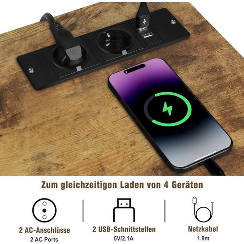 Caisson Bureau à Roulettes,Avec Station De Charge,Imprimante,2 Prises,2 Ports USB,Marron Rustique