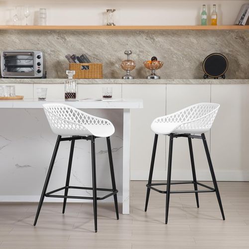 Lot De 2 Tabourets De Bar Haut,Tabourets Extérieur Jardin Avec Siège Plastique,Pieds En Métal,Blanc