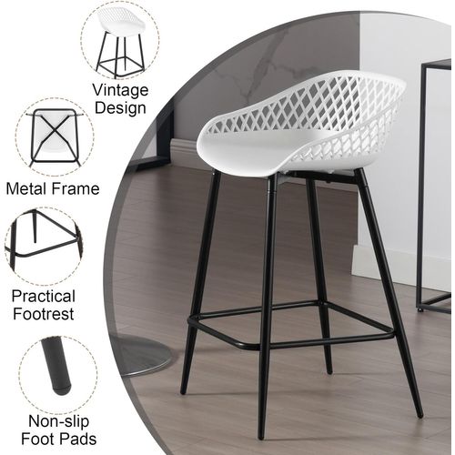 Lot De 2 Tabourets De Bar Haut,Tabourets Extérieur Jardin Avec Siège Plastique,Pieds En Métal,Blanc