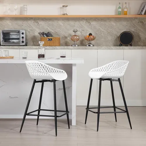 Lot De 4 Tabourets De Bar Haut,Tabourets Extérieur Jardin Avec Siège Plastique,Pieds En Métal,Blanc