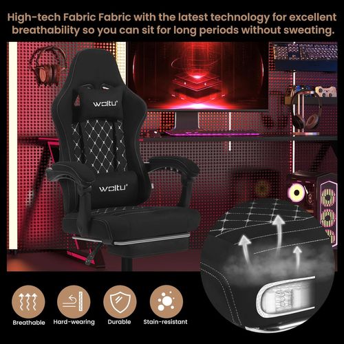 Chaise Gaming Massante,fauteuil Gamer,avec Soutien Lombaire Massant,tissu Technique,noir+blanc