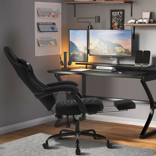 Chaise Gaming Massante,fauteuil Gamer,avec Soutien Lombaire Massant,tissu Technique,noir+blanc