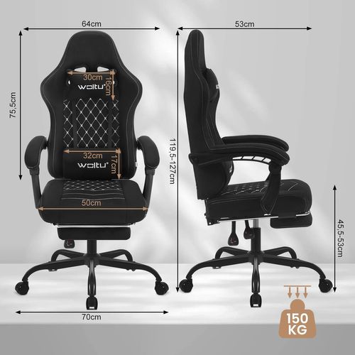 Chaise Gaming Massante,fauteuil Gamer,avec Soutien Lombaire Massant,tissu Technique,noir+blanc