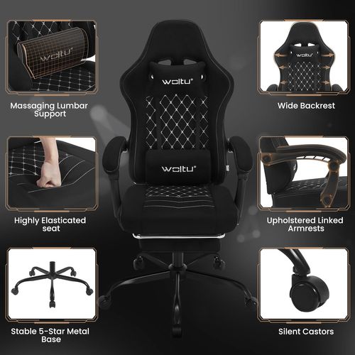 Chaise Gaming Massante,fauteuil Gamer,avec Soutien Lombaire Massant,tissu Technique,noir+blanc
