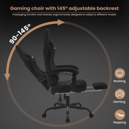 Chaise Gaming Massante,fauteuil Gamer,avec Soutien Lombaire Massant,tissu Technique,noir+blanc