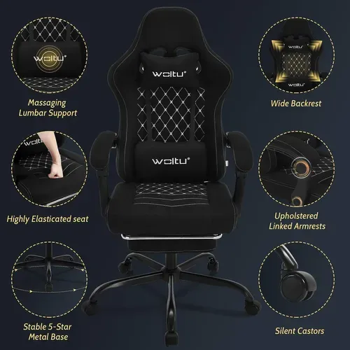 Chaise Gaming Massante,Fauteuil Gamer,Avec Soutien Lombaire Massant,Tissu Maille,Noir+Blanc