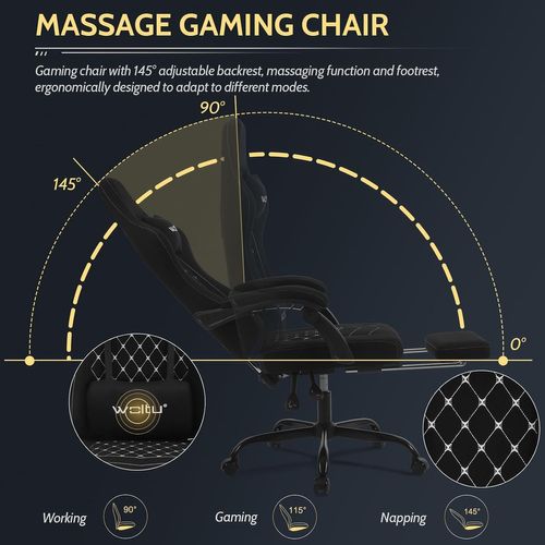 Chaise Gaming Massante,Fauteuil Gamer,Avec Soutien Lombaire Massant,Tissu Maille,Noir+Blanc