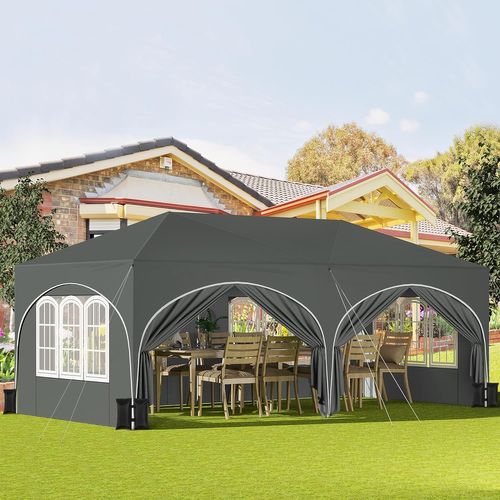 Tonnelle De Jardin Pliante,pergola,avec 6 Parois Latérales,4 Sacs De Sable,sac Transport,3x6m,gris