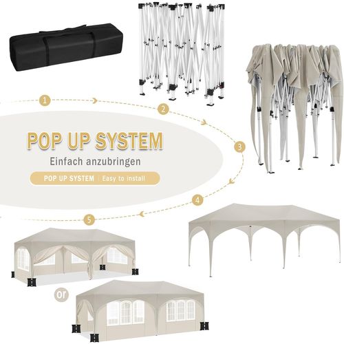 Tonnelle De Jardin Pliante,pergola,avec 6 Parois Latérales,4 Sacs De Sable,sac Transport,3x6m,beige