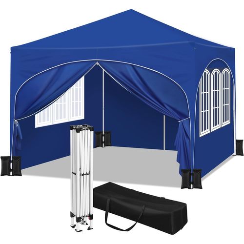 Tonnelle De Jardin Pliante 3x3m-avec 4 Sacs De Sable-4 Parois Latérales-toit En Demi-cercle -bleu