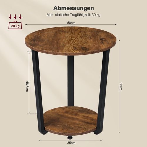 Table Basse Ronde,table D'appoint à 2 Étagères,en Bois Composé Et En Métal,marron Rustique