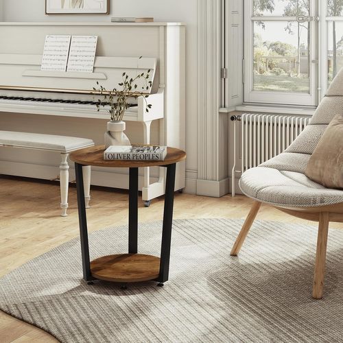 Table Basse Ronde,table D'appoint à 2 Étagères,en Bois Composé Et En Métal,marron Rustique