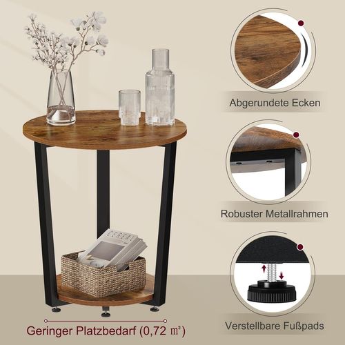 Table Basse Ronde,table D'appoint à 2 Étagères,en Bois Composé Et En Métal,marron Rustique
