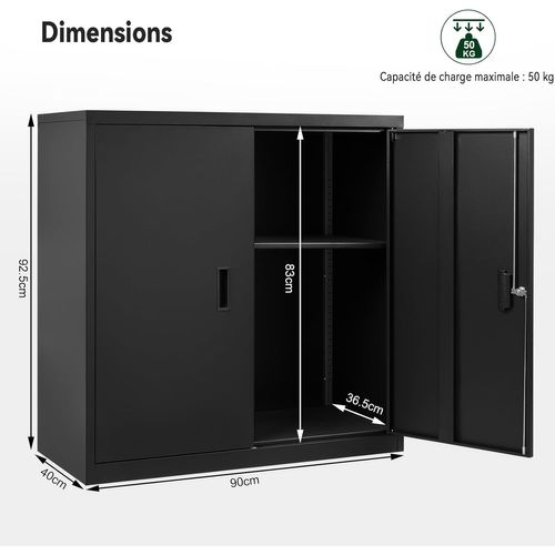 Caisson Bureau, Armoire Bureau Métallique, Verrouillable, Avec Étagère Réglable, 90x40x92cm, Noir