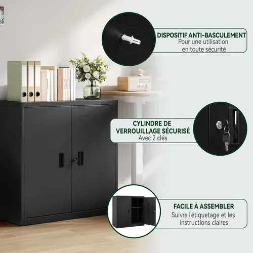 Caisson Bureau, Armoire Bureau Métallique, Verrouillable, Avec Étagère Réglable, 90x40x92cm, Noir