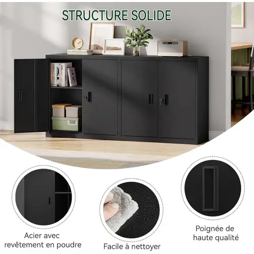 Caisson Bureau, Armoire Bureau Métallique, Verrouillable, Avec Étagère Réglable, 90x40x92cm, Noir