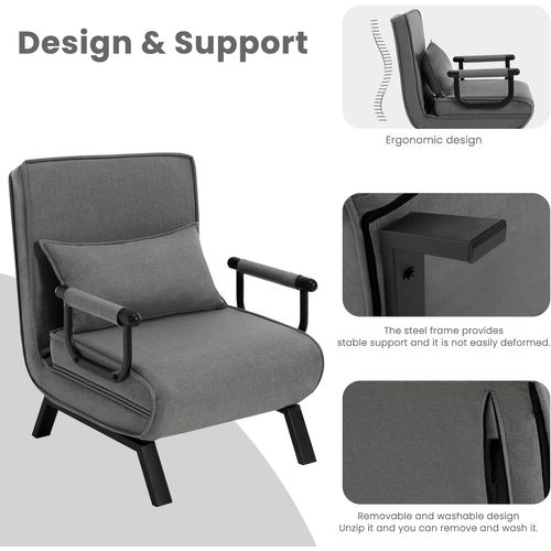 Fauteuil Lit Convertible 3 En 1, Fauteuil Salon, Avec Dossier Réglable En 5 Positions, Gris Foncé