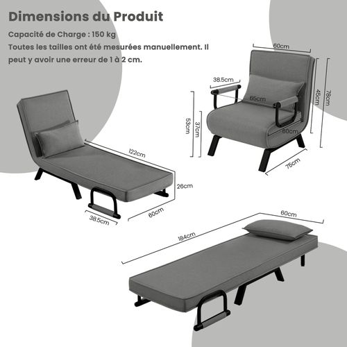 Fauteuil Lit Convertible 3 En 1, Fauteuil Salon, Avec Dossier Réglable En 5 Positions, Gris Foncé