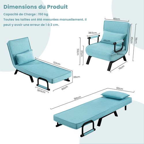 Fauteuil Lit Convertible 3 En 1, Fauteuil Salon, Avec Dossier Réglable En 5 Positions, Bleu