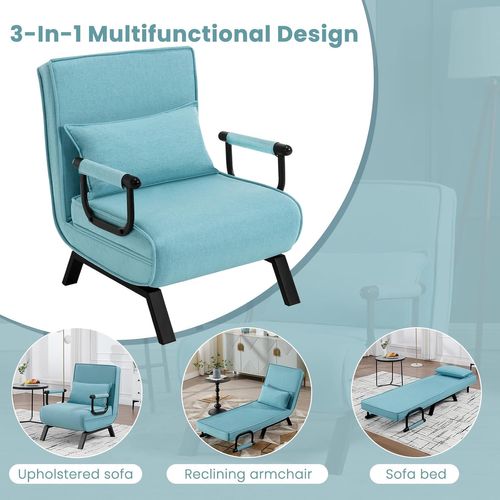 Fauteuil Lit Convertible 3 En 1, Fauteuil Salon, Avec Dossier Réglable En 5 Positions, Bleu
