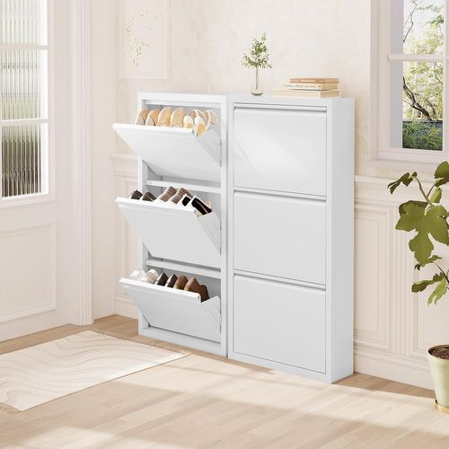 Lot De 2 Armoire Chaussure,Meuble Chaussure,Avec 3 Étagères Chaussure,3 Portes Abattantes,Blanc