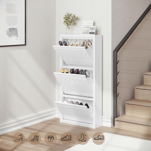 Lot De 2 Armoire Chaussure,Meuble Chaussure,Avec 3 Étagères Chaussure,3 Portes Abattantes,Blanc
