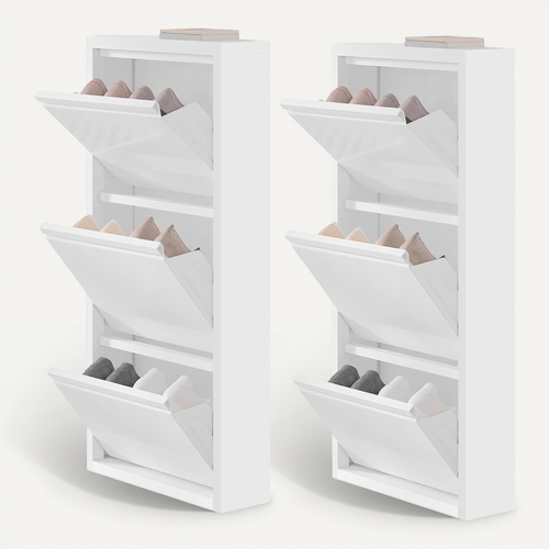 Lot De 2 Armoire Chaussure,Meuble Chaussure,Avec 3 Étagères Chaussure,3 Portes Abattantes,Blanc
