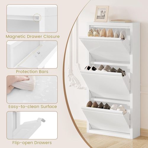 Lot De 2 Armoire Chaussure,Meuble Chaussure,Avec 3 Étagères Chaussure,3 Portes Abattantes,Blanc