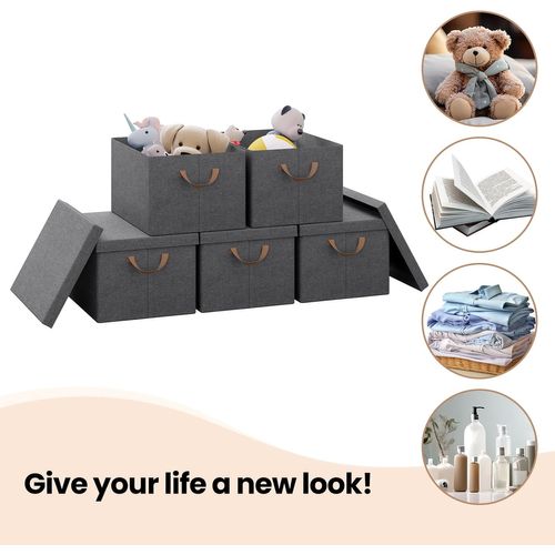 Lot De 10 Boîtes Rangement Avec Couvercle,coffre Pliable En Tissu,avec Poignée,gris,43x33x26cm