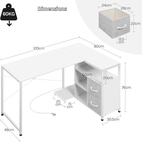Bureau D'angle, Table D'ordinateur Avec Prises Et Port USB-a Typ-C,Étagère Réversible,120x80cm,Blanc