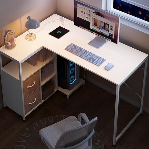Bureau D'angle, Table D'ordinateur Avec Prises Et Port USB-a Typ-C,Étagère Réversible,120x80cm,Blanc