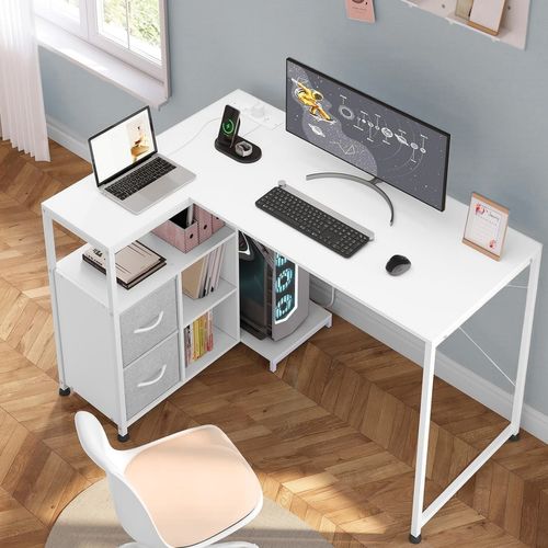 Bureau D'angle, Table D'ordinateur Avec Prises Et Port USB-a Typ-C,Étagère Réversible,120x80cm,Blanc