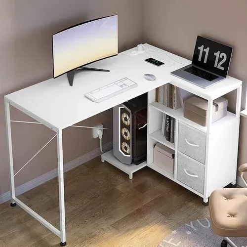 Bureau D'angle, Table D'ordinateur Avec Prises Et Port USB-a Typ-C,Étagère Réversible,120x80cm,Blanc