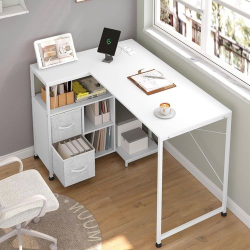 Bureau D'angle, Table D'ordinateur Avec Prises Et Port USB-a Typ-C,Étagère Réversible,120x80cm,Blanc