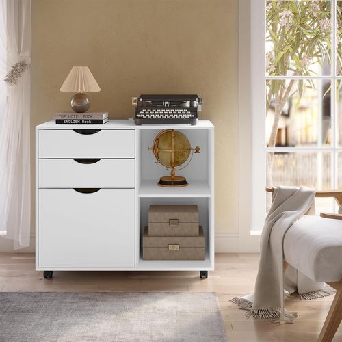 Caisson De Bureau, Armoire à Dossiers Sur Roulettes, En Bois D'ingénierie, 80x39,5x69,5cm, Blanc
